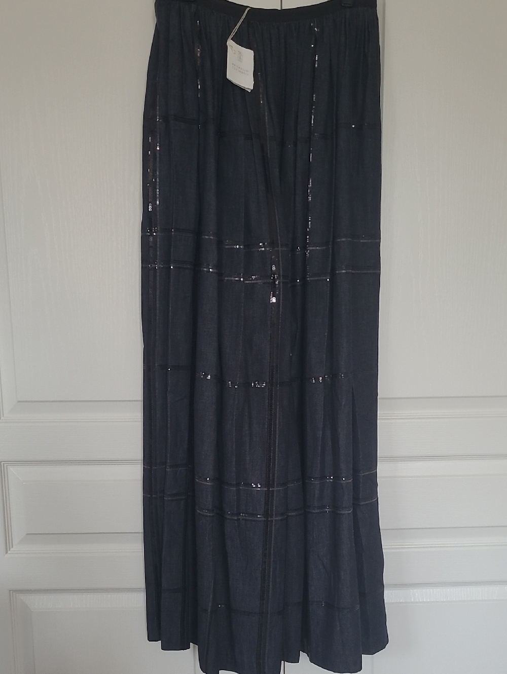 Brunello Cucinelli Dark Navy Pleated Skirt with Sequin Stripes - Picture 2 of 9